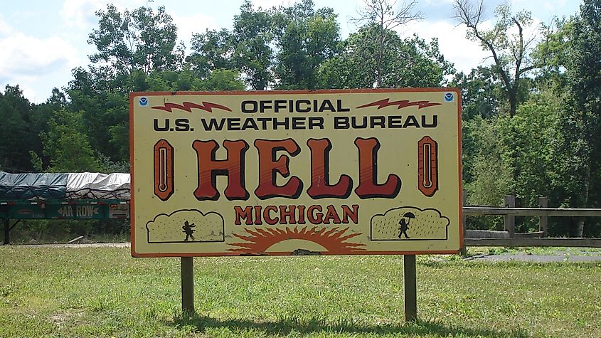 Sign for official U.S. Weather Station in Hell, Michigan. 