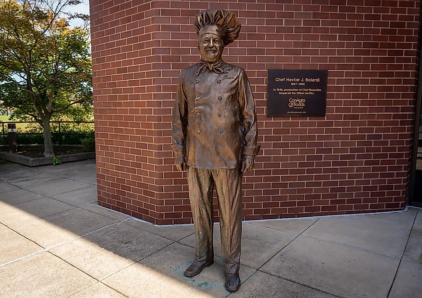 Statue of Chef Boyardee. Wearing his signature chef's hat, life-size Hector Boiardi outside the front door of the offices of Con Agra Foods in Milton, Pennsylvania.