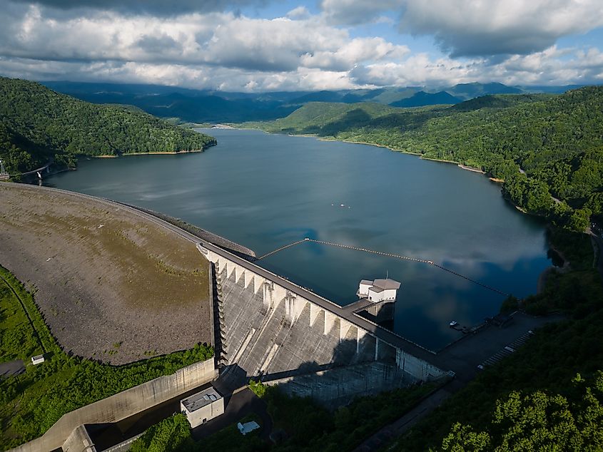 Hokkaido, Japan: Aerial view of the Chubetsu Dam along the Ishikari river at the foot of the Asahidake mountain in Hokkaido in summer in Japan