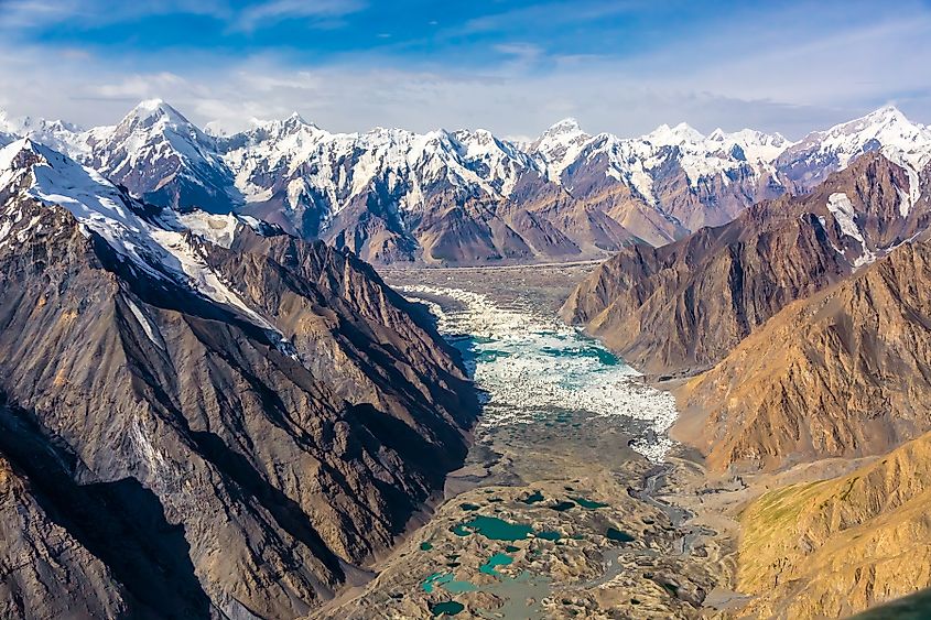 An aerial view of a glacier and glacial lakes between tall mountain ranges.