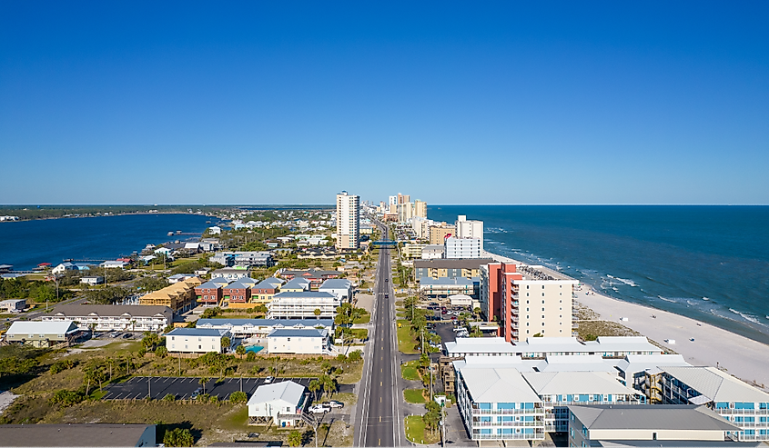 An Aerial view of little lagoon and the Gulf of Mexico in Gulf Shores, Alabama