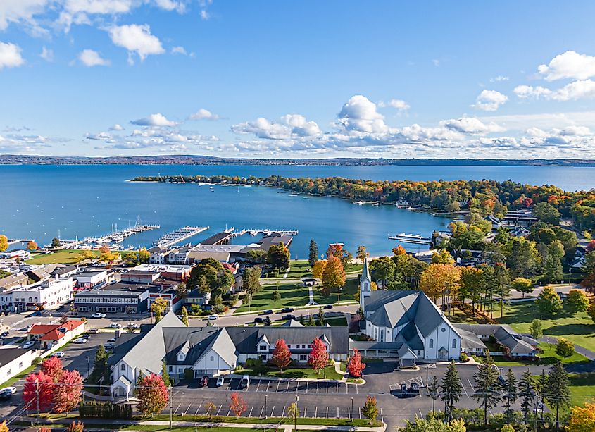 Aerial view of Harbor Springs, Michigan, on a sunny autumn day.
