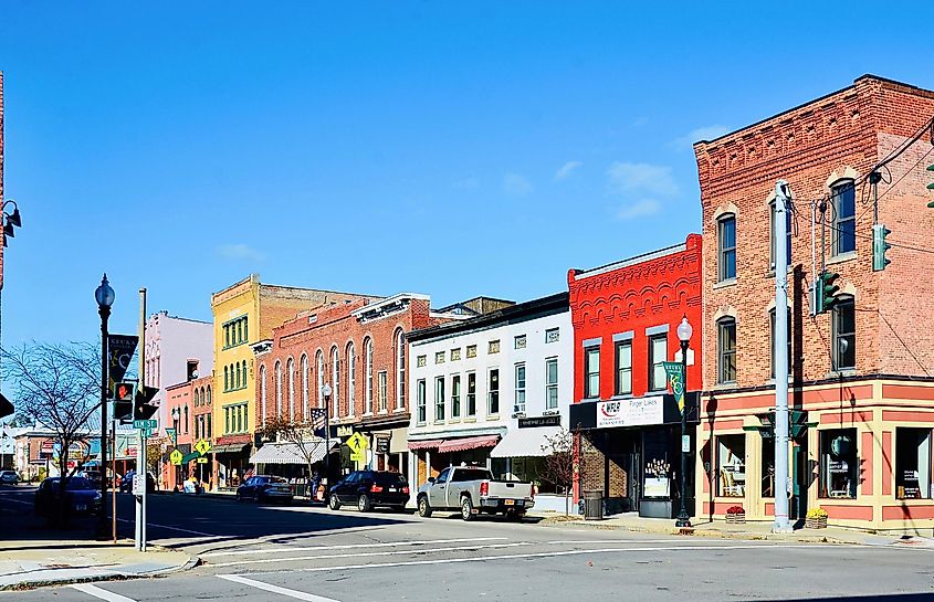 Downtown Main Street, Penn Yan, New York, USA. Colorful cityscape of an American small town.