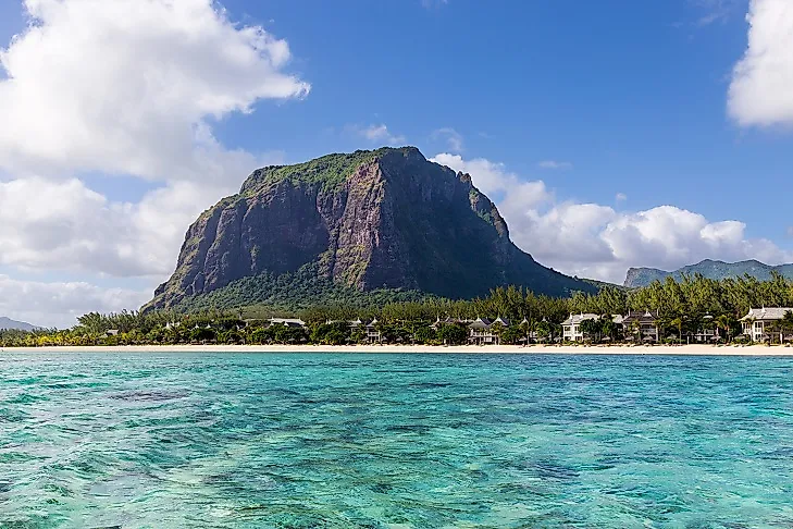 Le Morne mountain rising above the coast in southwestern Mauritius.