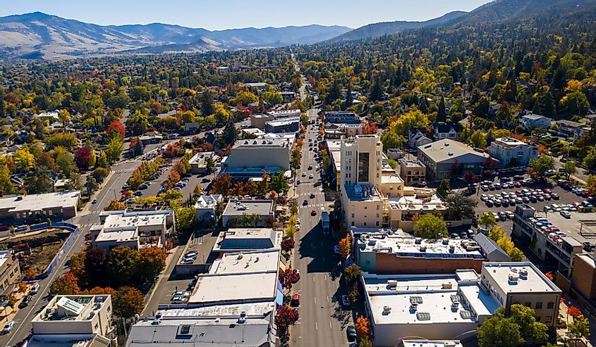 Aerial view of Ashland, Oregon in autumn