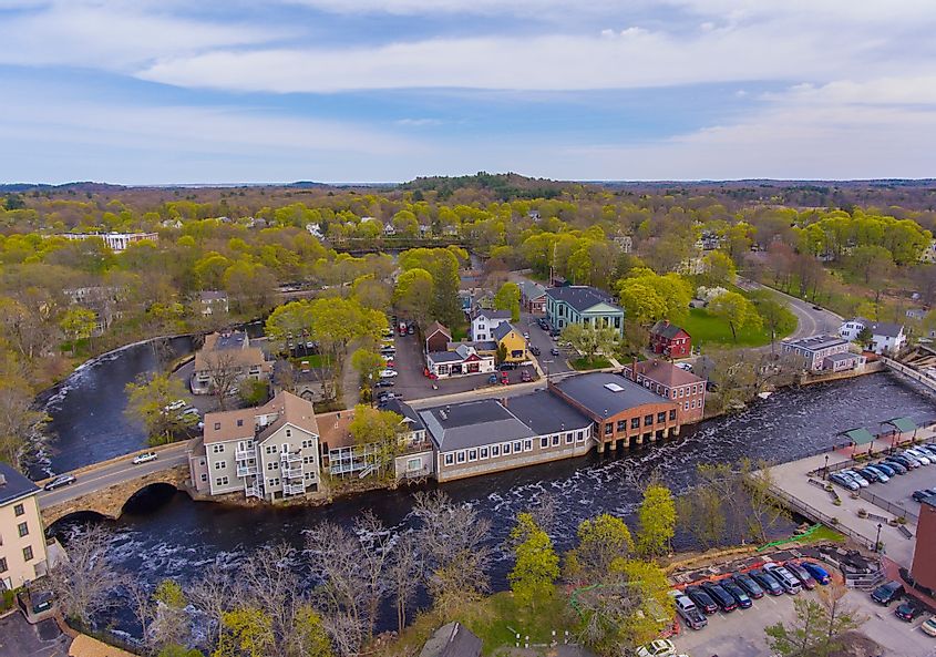 Ipswich Bridge over Ipswich River aerial view on Central Street in spring at town center of Ipswich, Massachusetts