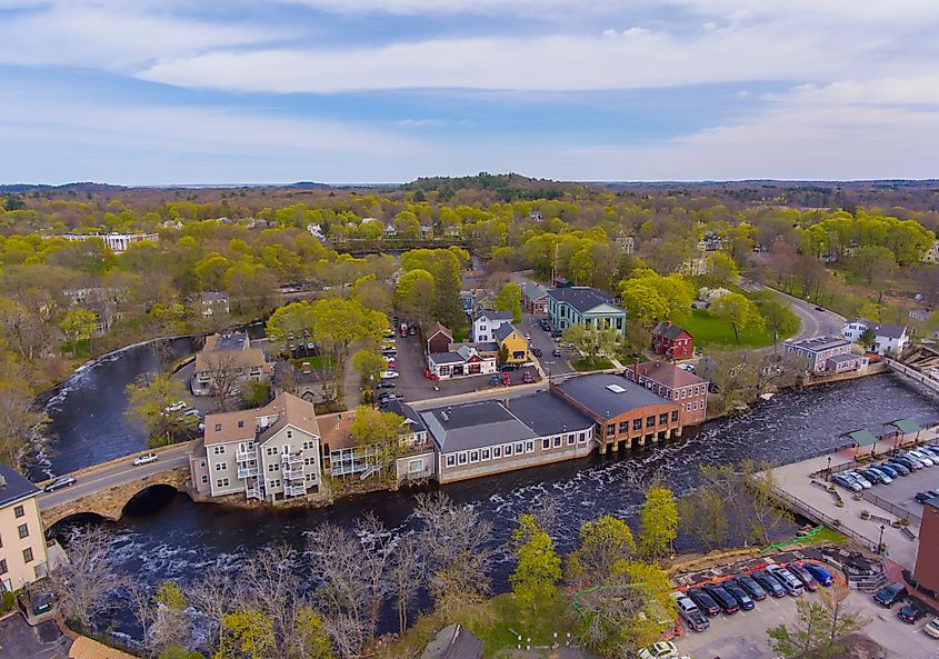 Aerial view of Ipswich Bridge over Ipswich River, Central Street, Ipswich, Massachusetts, USA.