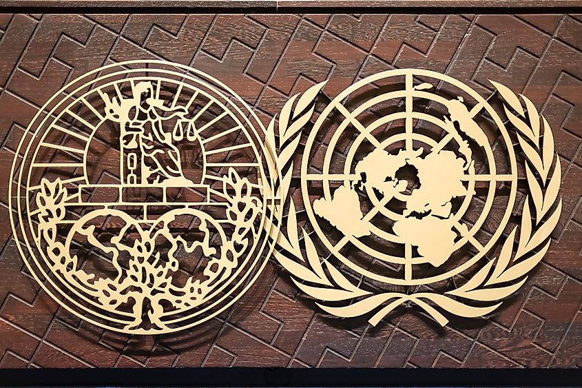Logo of the bench of the International Court of Justice in the Peace Palace, The Hague, Netherlands (Editorial credit: Ankor Light / Shutterstock.com)