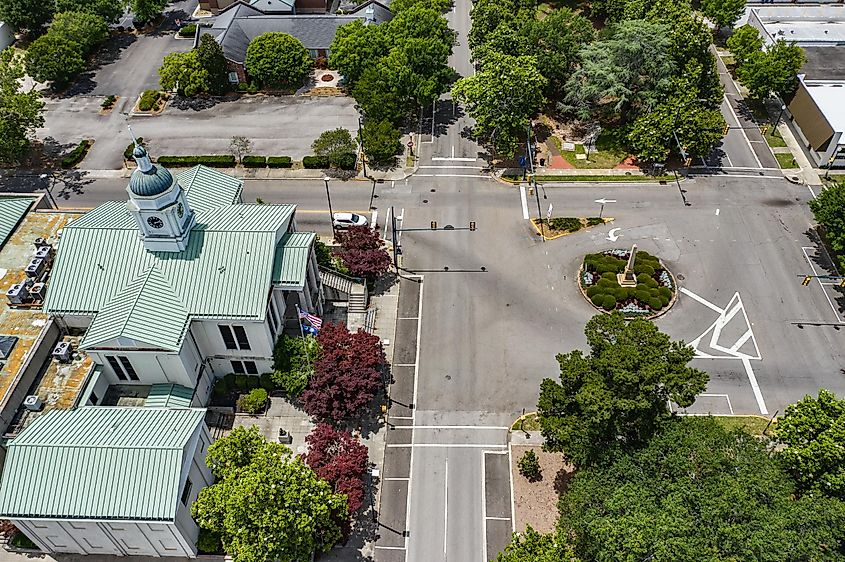 Aerial view of Aiken town center in South Carolina.