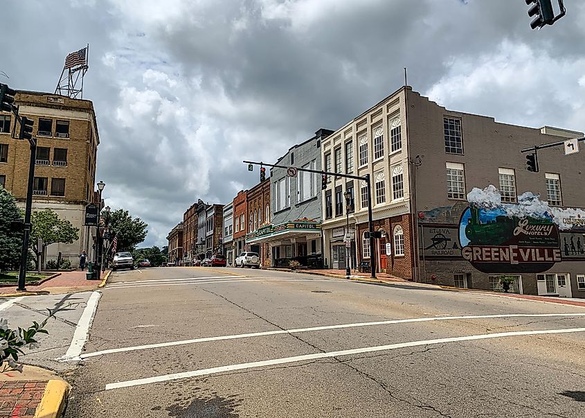 The intersection of Main Street and Depot Street in downtown Greeneville, Tennessee