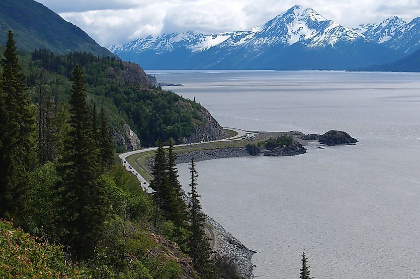 Aerial view of Seward Highway at Turnagain Arm, Alaska