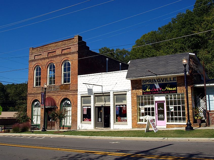 Main Street in Springville, Alabama. Credit: Chris Pruitt, CC BY-SA 4.0 <https://creativecommons.org/licenses/by-sa/4.0>, via Wikimedia Commons