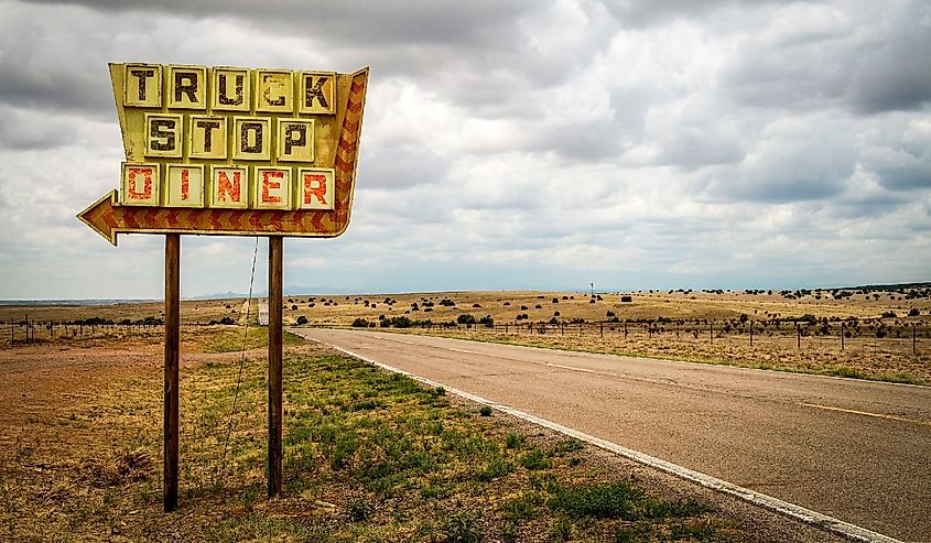 Galisteo, New Mexico, USA. Truck stop sign