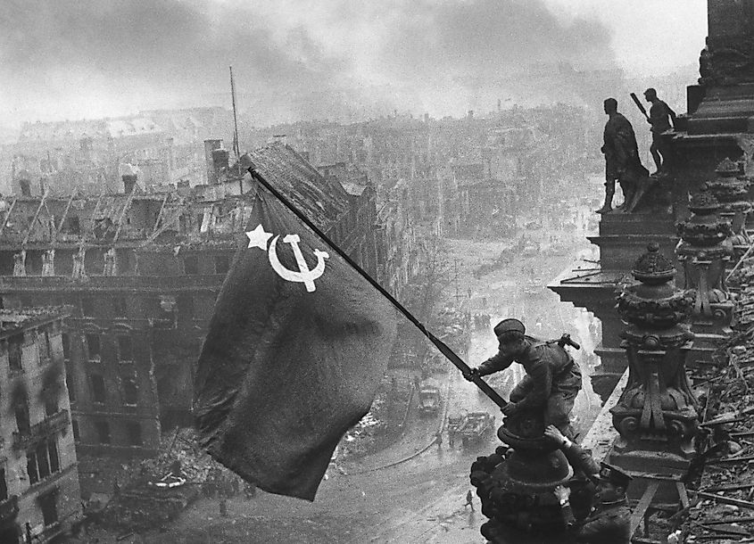 The iconic "Raising a flag over the Reichstag" photo by Yevgeny Khaldei. Published: Ogoniok magazine (No 19, 1945) 1945-05-13 on 1st, title page (not on cover)