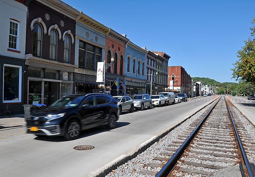 A train track runs down the centre of Broadway Street in historic Frankfort, Kentucky. 