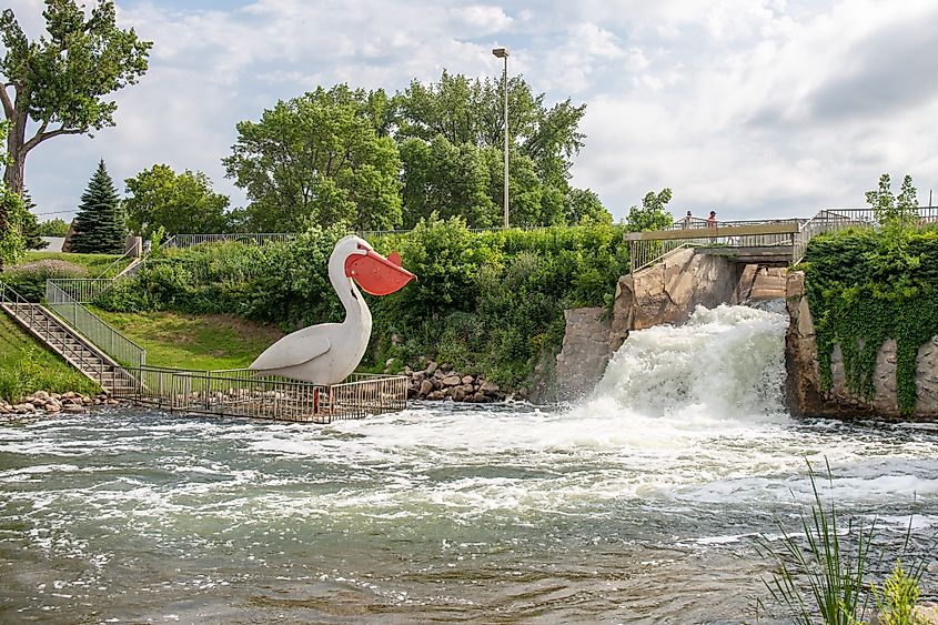 A giant statue of a white pelican called Pelican Pete in Pelican Rapids, Minnesota.