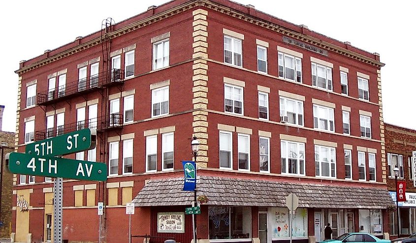 The National Register-listed Locke Building in downtown Devils Lake, North Dakota, United States.