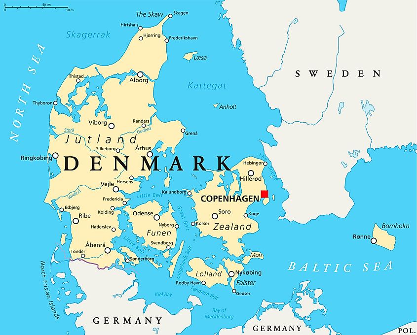 Map of Denmark. The Koge Bay is located to the south of Copenhagen, along the coast of the town of Koge.