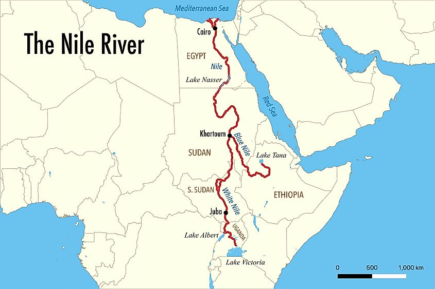 the Nile River Course from Sources to the Mediterranean Sea with White and Blue Nile