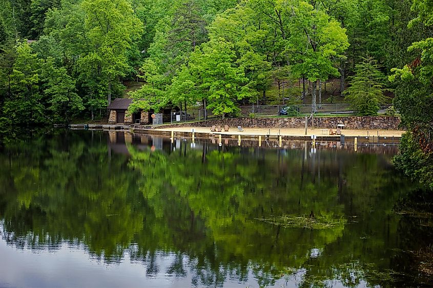 Tennessee Mountain Lake. Appalachian Mountain lake with public beach, boathouse and docks at Pickett State Park in Jamestown, Tennessee
