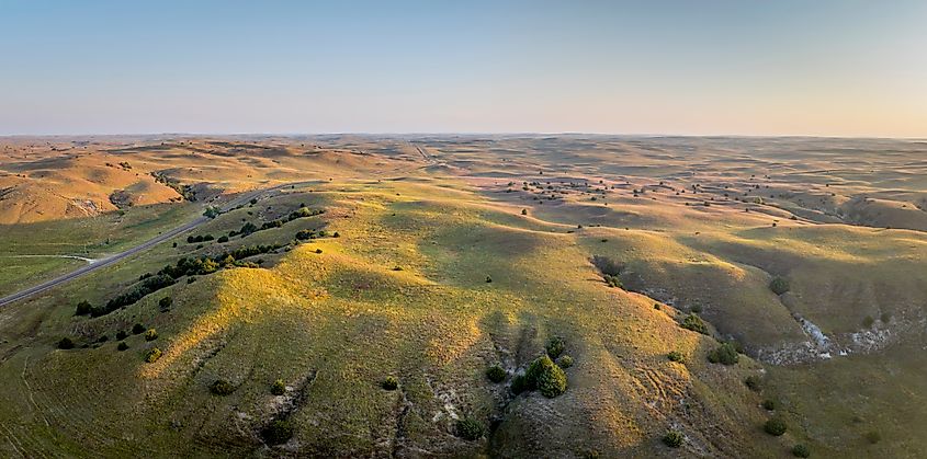 Nebraska Sandhills, summer morning aerial view near Mullen