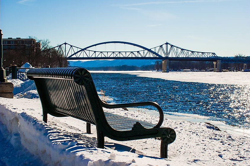Park Bench and Bridge on Ice-Covered Mississippi - LaCrosse, Wisconsin