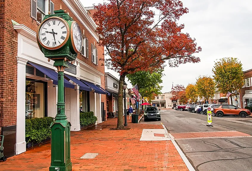 New Canaan view from Elm Street in autumn morning with colored trees in October