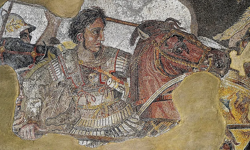 Alexander the Great depicted at the Battle of Issus against Darius III of Persia in 333 BC, as part of a larger Roman floor mosaic dating from around 100 BC.