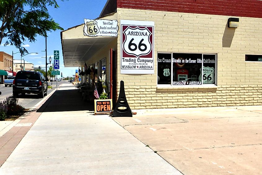 Winslow, Arizona, USA. June 12, 2014. Arizona 66 Trading Company. Standing on a Corner In Winslow Arizona. 