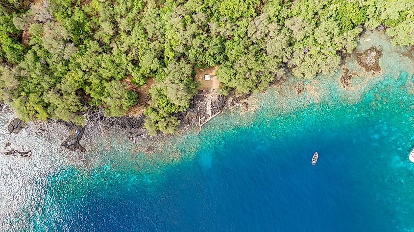 Stunning aerial drone view the Captain James Cook monument in Kealakekua Bay