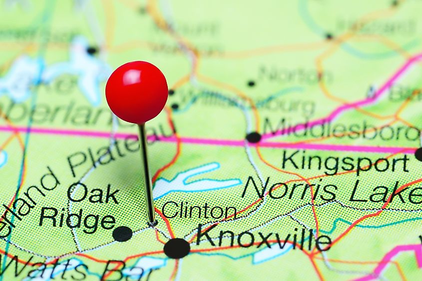 Clinton pinned on a map of Tennessee, US