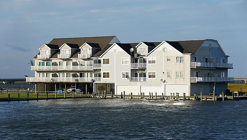 View of the waterfront apartments by the bay in Chincoteague, Virginia