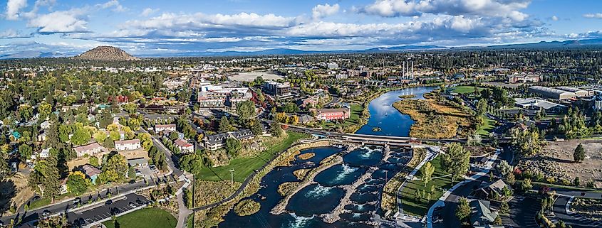 Aerial view of the Whitewater Park in Bend, Oregon.