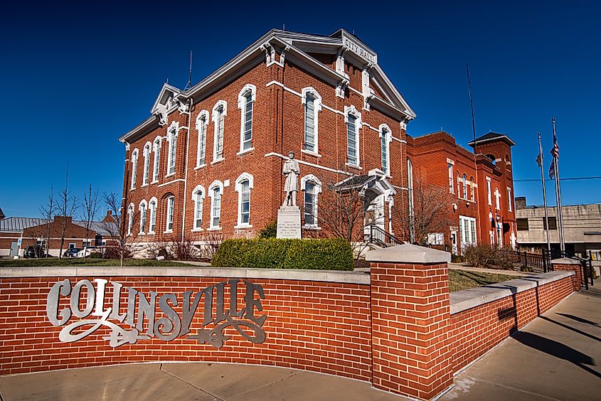 Stainless steel sign marking the seat of the historic brick city hall in Collinsville, Illinois