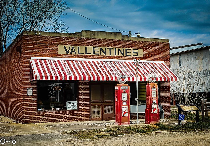 Red and white striped awning over the old Vallentines General Store