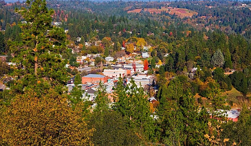 Aerial view of Placerville in Autumn in Northern California