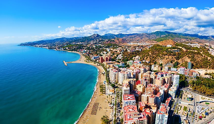 Malaga main city beach aerial panoramic view.