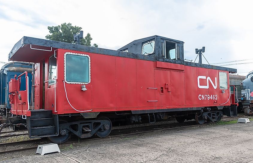 Restored Canadian National Railway caboose at the Danbury Railway Museum in Danbury, Connecticut