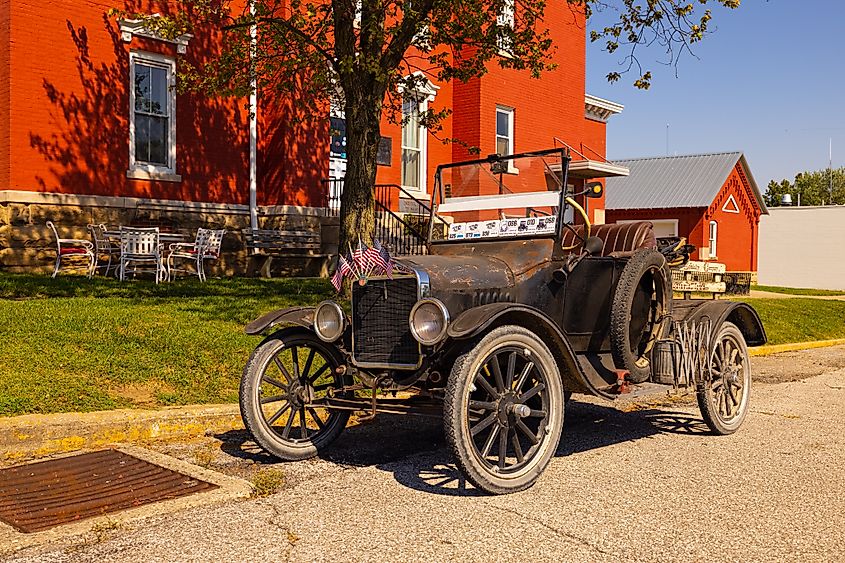 A 1930s Ford Model T parked in front of the Old Jail Inn in Rockville, Indiana.