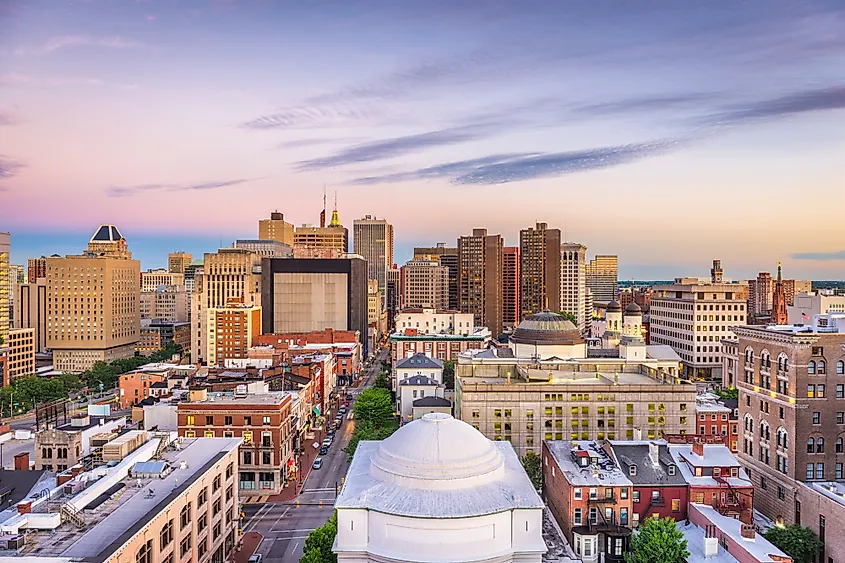 Baltimore, Maryland, USA Skyline over the Inner Harbor at dusk. Via Shutterstock / Sean Pavone