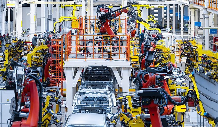 Automotive production line. Welding car body. Modern car Assembly plant