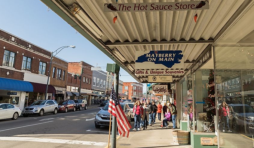 A group of tourist stroll down Main Street in the town that Mayberry from the Andy Griffith show was modeled after.