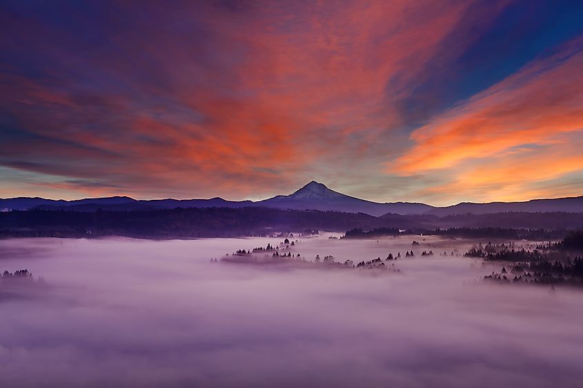 Mount Hood Over Sandy River Covered in thick blanket of fog at Sunrise.