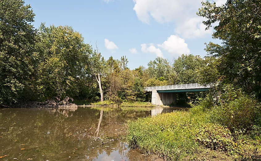 Big Darby Creek right before from meeting the Little Darby creek. The river empties into the Scioto River. The Big Darby and Little Darby creek are such designated a state and national scenic rivers. Wikimedia Commons.