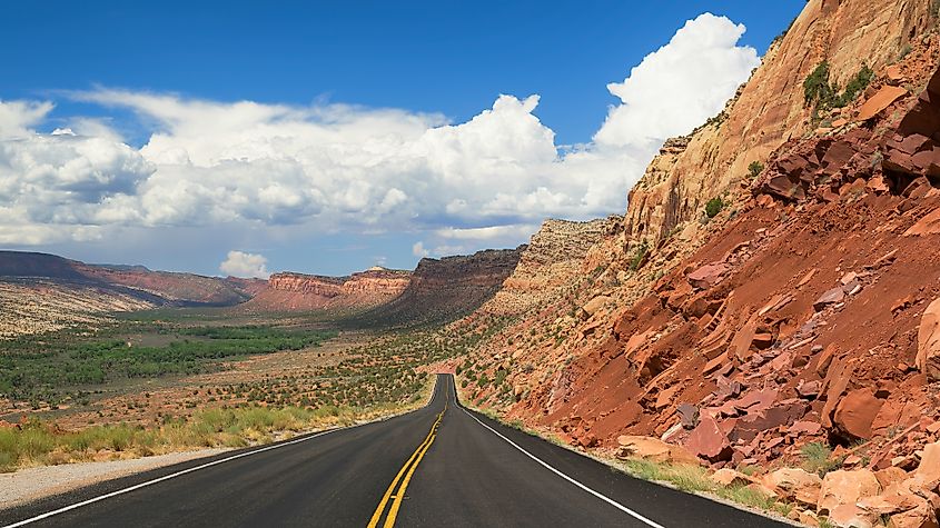 Long and scenic Bicentennial Highway (Utah State Route 95) through desert rock formations near Blanding, Utah (Credit: Nagel Photography via Shutterstock)