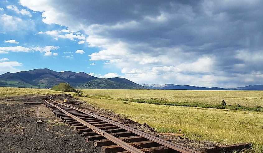 Railroad tracks at Como, Colorado, along Boreas Pass, in the Rocky Mountains.