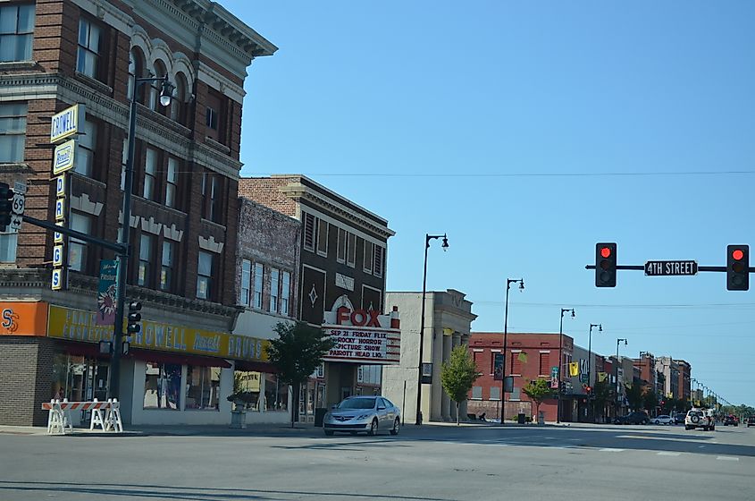 The historic downtown of Pittsburg, Kansas, with the Colonial Fox Theater