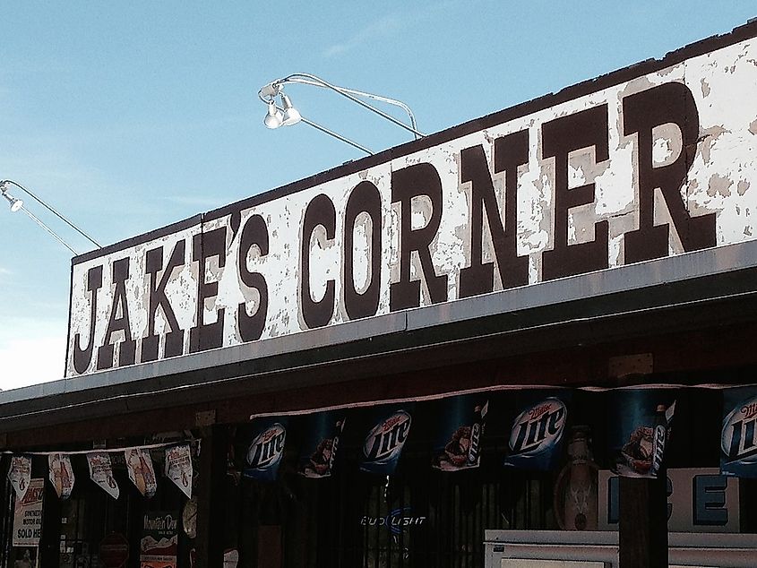 Sign for Jakes Corner store.