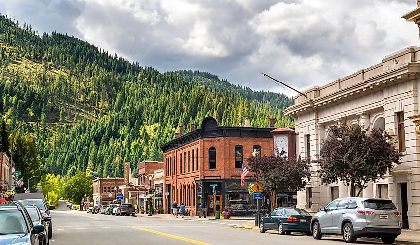 The historic main street of the Old West mining town of Wallace, Idaho, in the Silver Valley area of the Inland Northwest of the U.S.