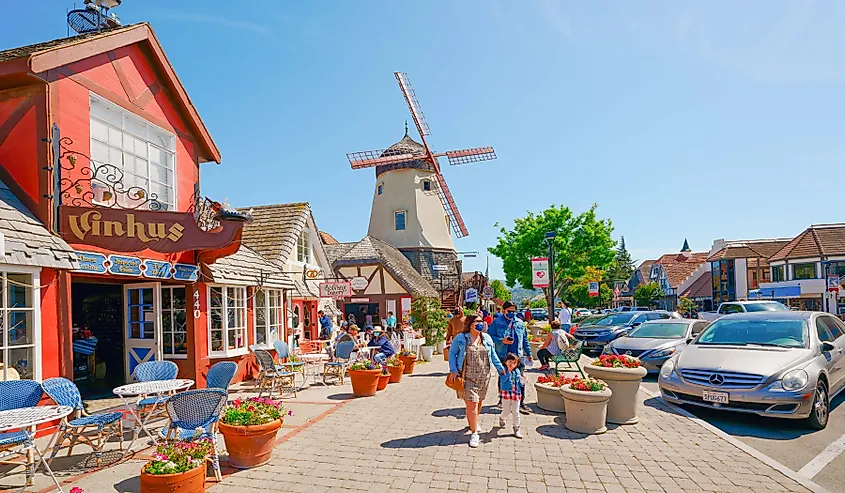 Tourists in Main Street, Solvang, California. Image credit: HannaTor / Shutterstock.com.